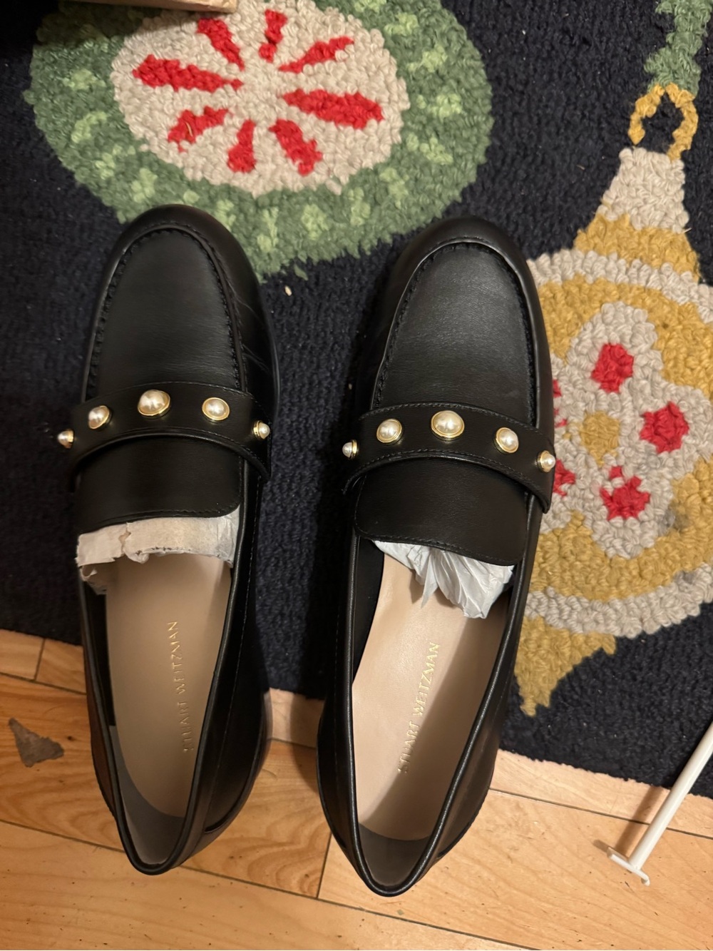 Stuart Weitzman Black Pearl-Trim Loafers